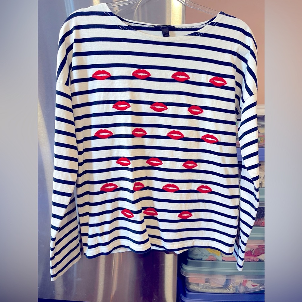 J. Crew Embroidered Lips Long Sleeve Top size S
